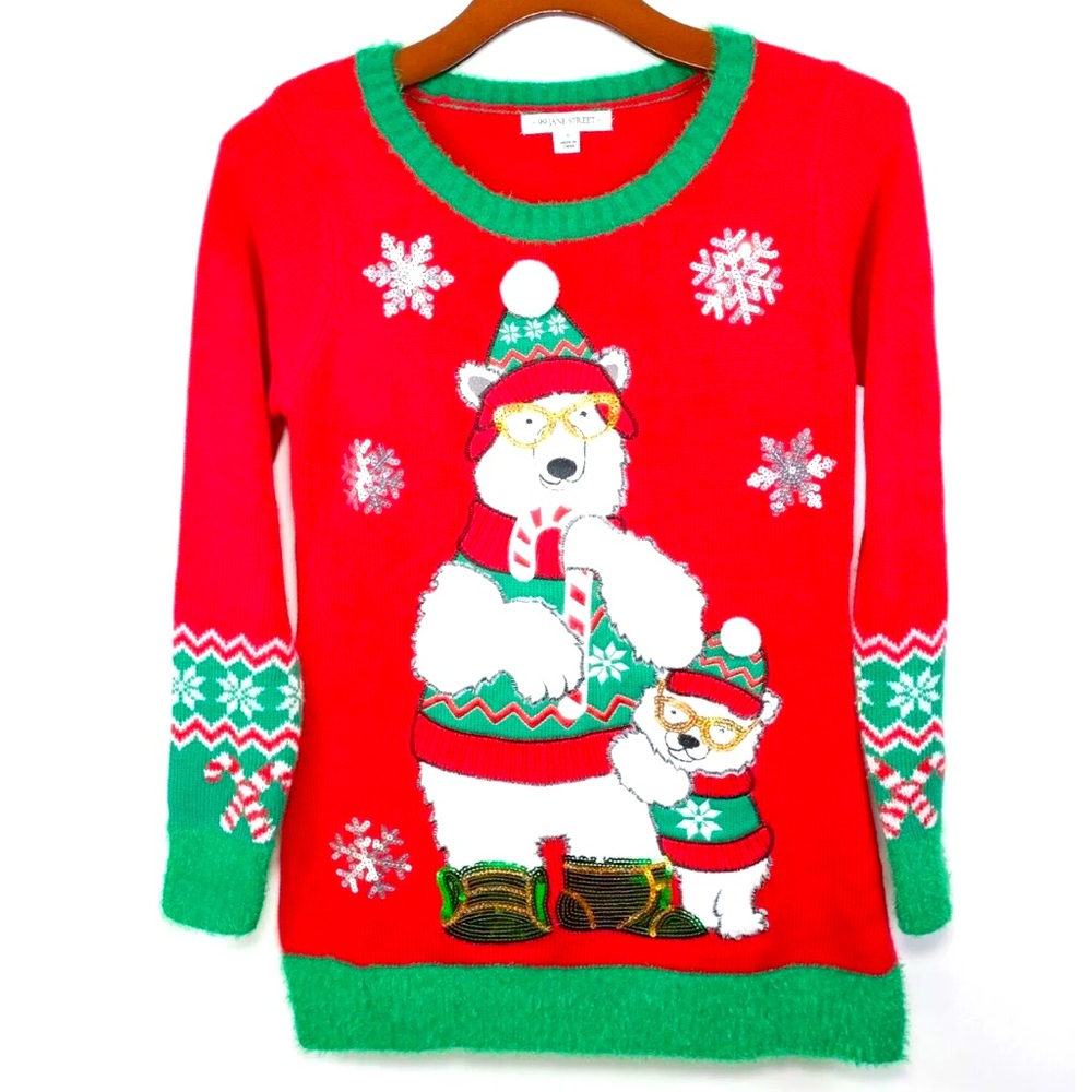 99 JANE STREET WOMEN UGLY CHRISTMAS SWEATER TUNIC POLAR BEAR SNOW FLAKES SIZE M
